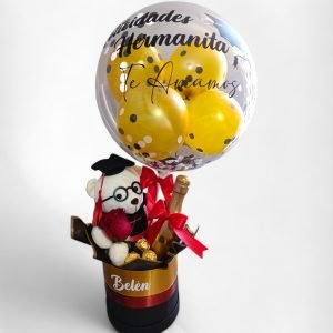 Caja  Personalizada + Oso + Bombones+ Rosa+ Globo Personalizado y con Globos
